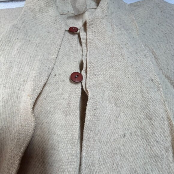 Vintage 90s Artilana Womens Wool Cape Poncho Wrap Jacket Cream Fringe Trim Woven - Picture 6 of 6